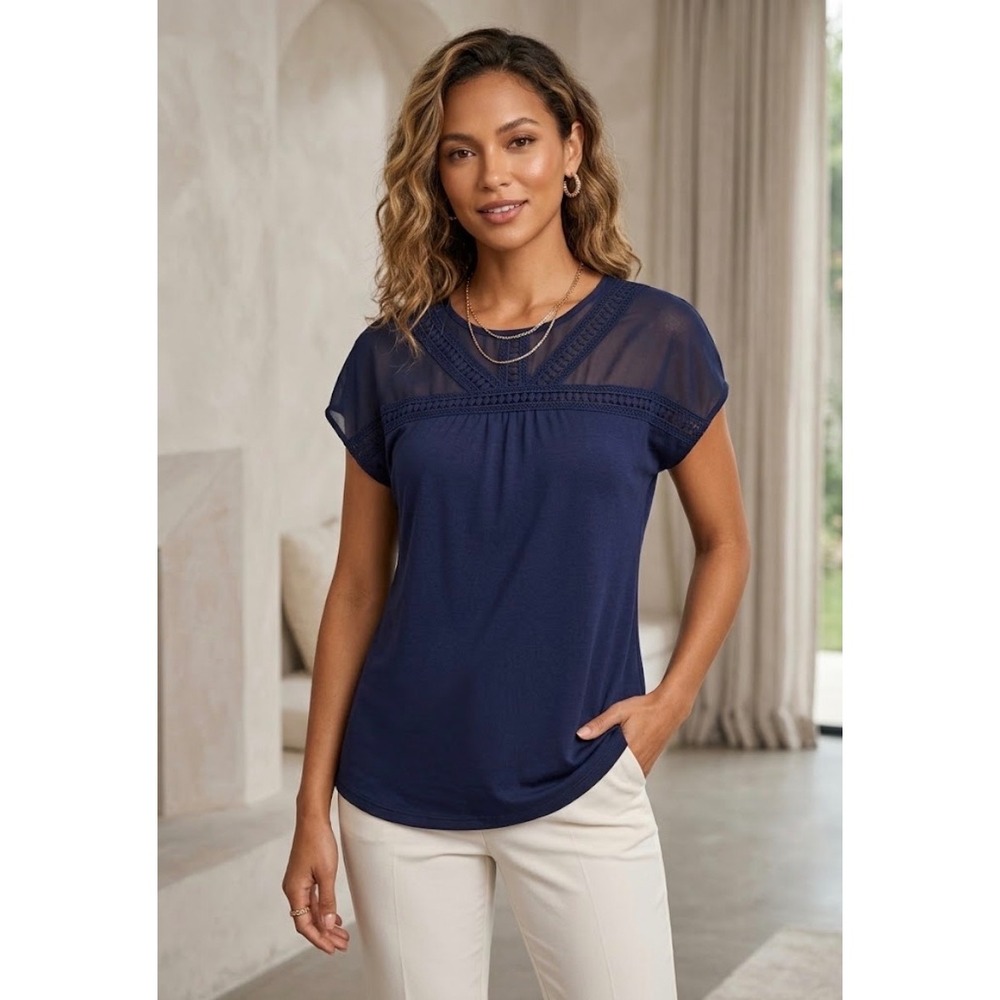 Misia Navy Blue Short Sleeve Mesh Yoke Crochet Lace Trim Top Blouse Medium
